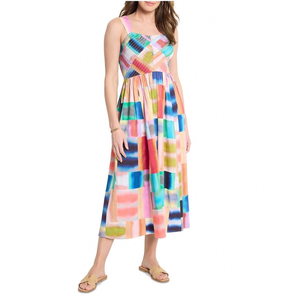 NIC+ZOE Portofino Sarah Dress Pink Abstract Tile Smocked Midi Pockets Small